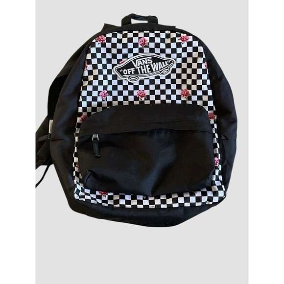 Vans Other - Vans Off The Wall Backpack Black White Checkered With Pink Roses